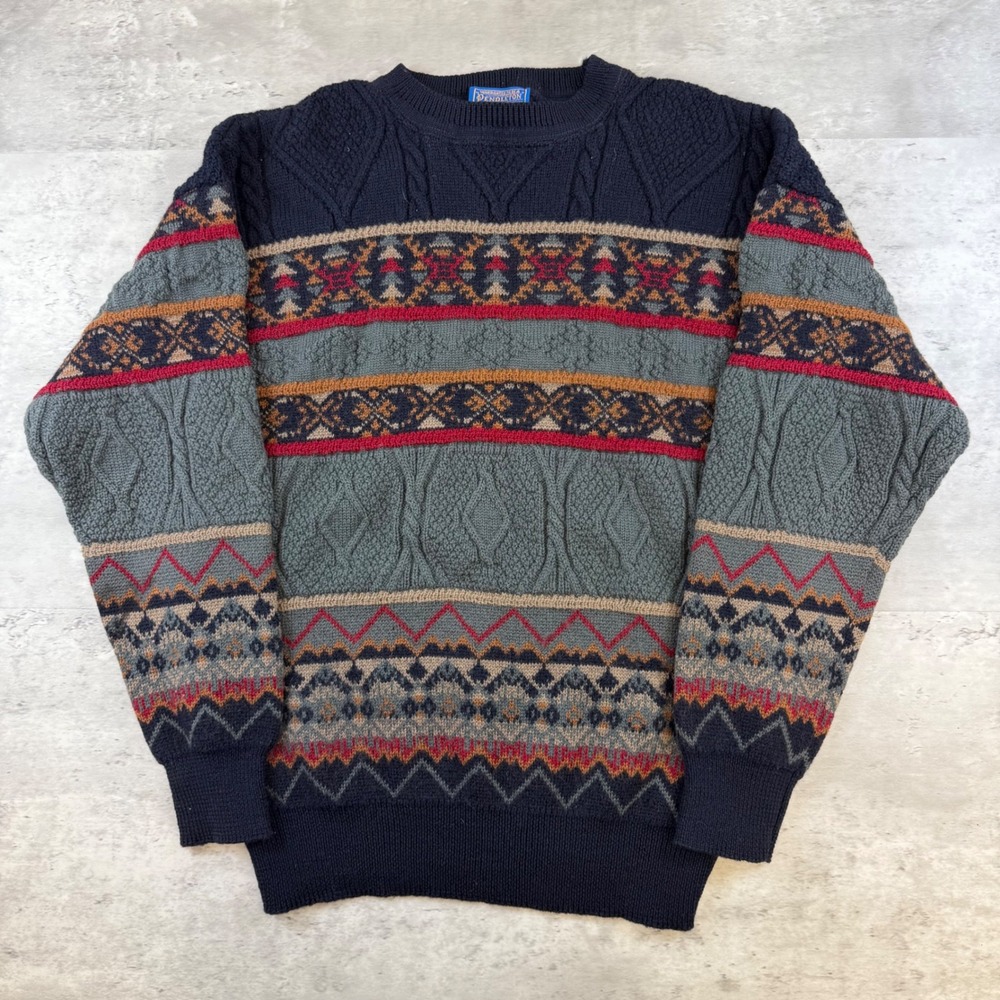 Pendleton Vintage Mens XL Virgin Wool Fair Isle Cable Knit Sweater Made in USA